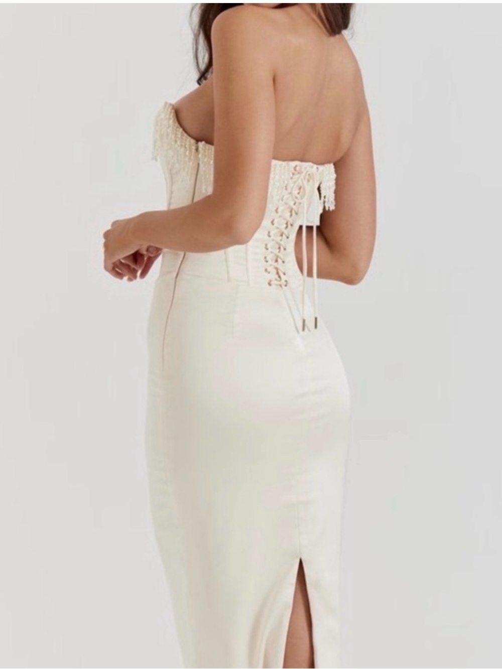 House of CB Ivory Strapless Pearl-Trim Midi Dress - Picture 2 of 7